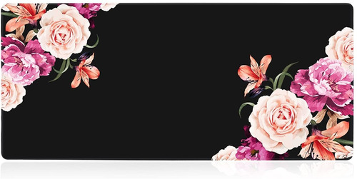 Mouse Pad De 90x40 Cm Para Escritorio | Negro Y Flores Ro...