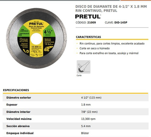 Disco Diamantado Rin Continuo 4 1/2 Pretul Uso General