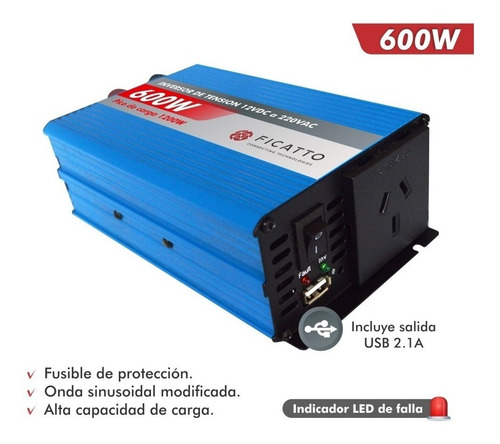 Imagen 2 de 6 de Inversor De Tensión 600w Ficatto 12v Camping Auto Usb