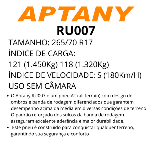 Kit 2 Pneu Aro 17 265/70r17 Ru007 Tl 121/118s Aptany