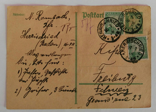 Alemania Entero Postal Circulado Desde Herrischried 1926