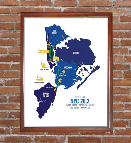 Maratón Nueva York Poster Recorrido En Cuadro New York 42 Km