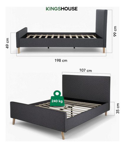 Base Para Cama Individual y Cabecera Con Tapizado Estructura Metal Madera Box Gris KingsHouse
