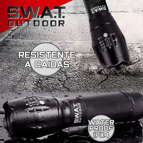 Imagen 2 de 10 de Linterna Táctica Led Swat Outdoor X15 Usb Accesorios 2 Pilas