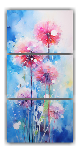 60x120cm Cuadro Tríptico Floral Diente De León Rosa Y Azul