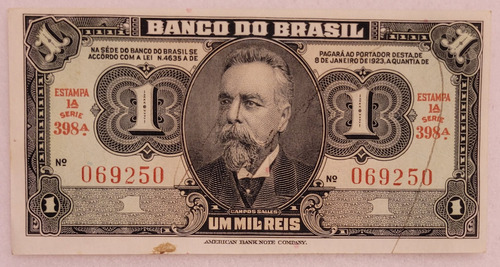 C001 Nota Antiga Um Mil Réis/ Campos Sales/ Soberba (Usado)