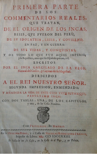 Historia General Peru Comentarios Reales Inca Garcilaso 1722