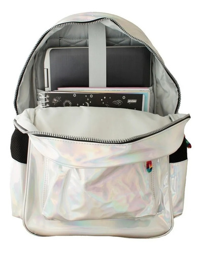 Imagem 6 de 10 de Mochila Juvenil Now United Prata Holográfica Costas Notebook