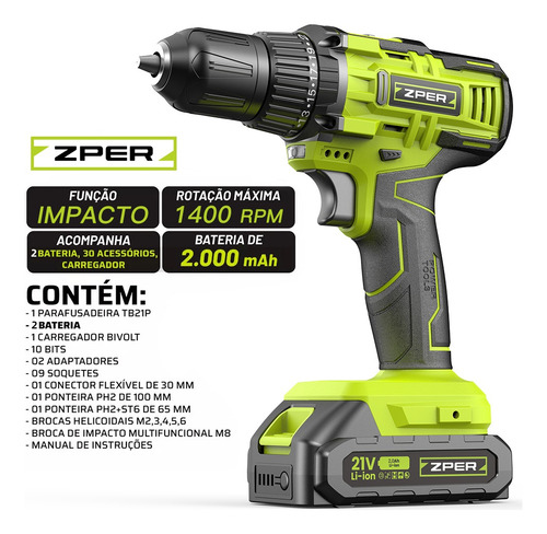 Zper Parafusadeira Furadeira De Impacto Profissional 21v