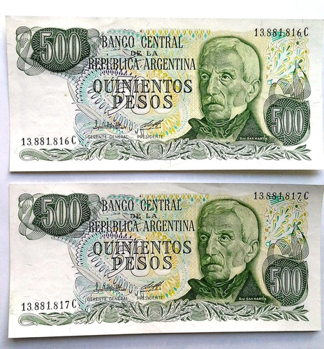 2 Billetes - 500 Pesos Ley 18188 - Correlativos S/c