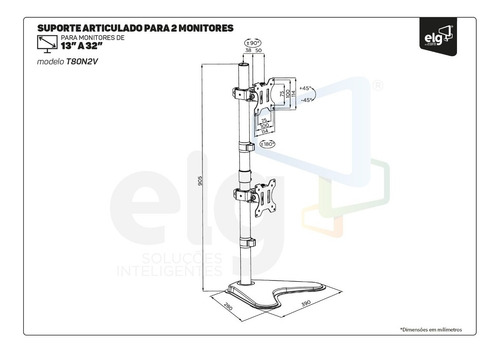 Suporte De Mesa Vertical 2 Monitores Até 32 ELG T80n2v