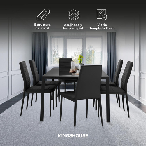 Juego Comedor 6 Sillas Con Mesa De Vidrio Templado Rectangular Estructura Metálica Para 6 Personas Moderno Color Negro Kingshouse