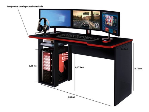 Mesa Gamer War Preto/vermelho - Art Panta Cor Preto