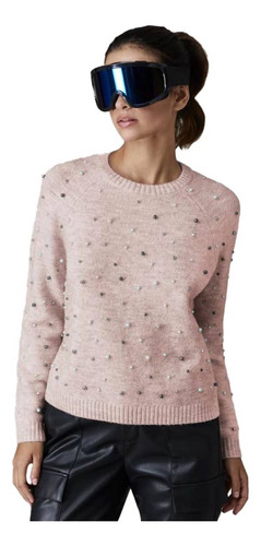 Suéter Cerrado Rosa De Mujer Con Aplicaciones, Mod. 1096302