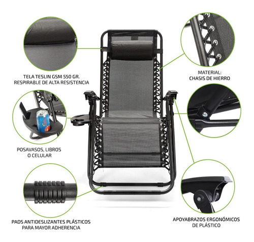 Imagen 2 de 10 de Reposera Gravedad Cero Silla Playera Reforzada Plegable