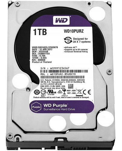 Disco Duro 1tb Wd Purple Wd10purz 5400rpm 64mb Interno Dvr