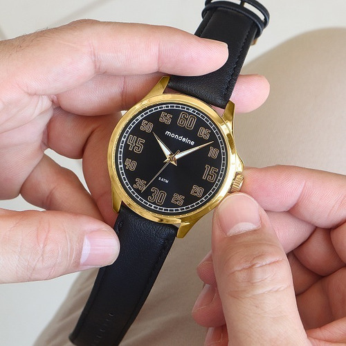 Relógio Mondaine Masculino Couro Analógico Dourado