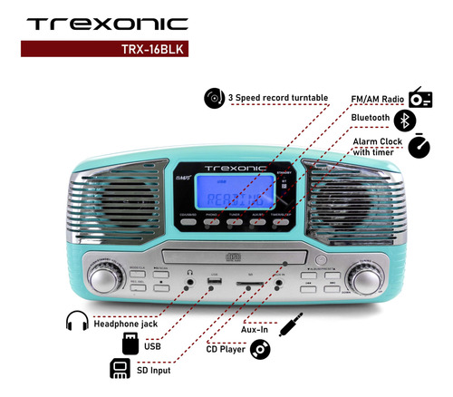Trexonic Reproductor Disco Retro Bluetooth Cd Tocadisco 3