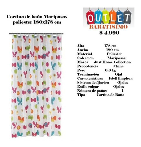 Cortina De Baño Mariposas Poliéster 180x178 Cm