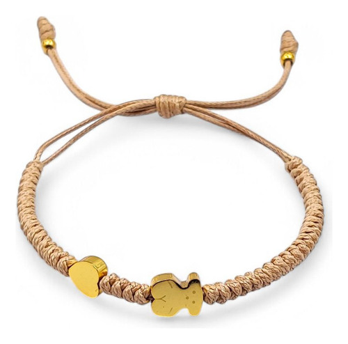Pulsera Ajustable Con Dije De Oso Y Corazón Dorado Acero