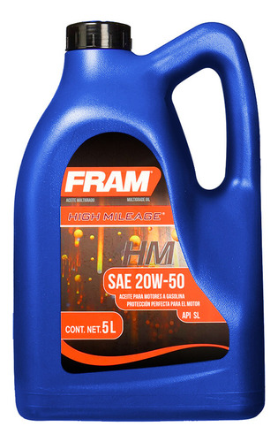 Aceite Especial Vehículos Alto Kilometraje 20w50 Fram 5 L