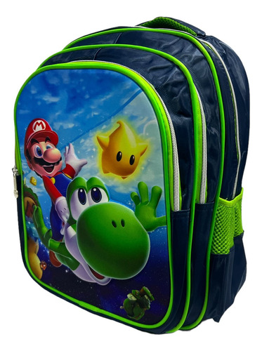 Mochila Escolar Primaria Mario Bros Y Yoshi 3 Cierres Ideal
