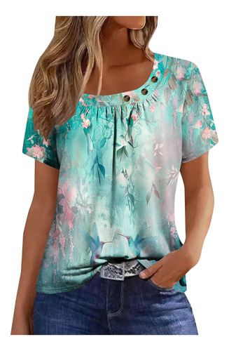Top Plisado Con Cuello Estampado De Manga Corta Para Mujer