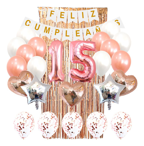 Combo Globos Kit Deco Fiesta Feliz Cumple Gold Rose 