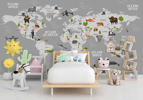 Imagem 4 de 7 de Papel De Parede Infantil Mapa Mundi Safari Infantil Wt-06 M²