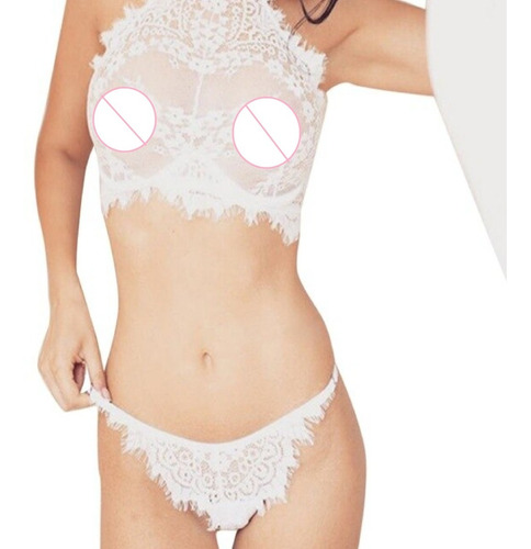 Baby Doll Tanga + Bra Poliester Blanco Lenceria Encaje Novia