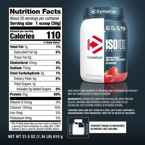 Proteina Iso 100 Dymatize Hidrolizada 600g 20 Servicios Sabor Strawberry