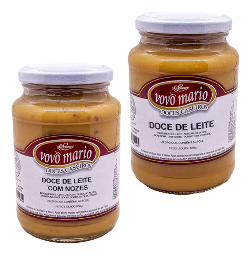 Doce De Leite Vovô Mário 650g Com Açúcar Kit 2 Un Nozes Puro