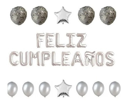 Globos Metalizados Feliz Cumpleaños + Estrella Confeti Perla