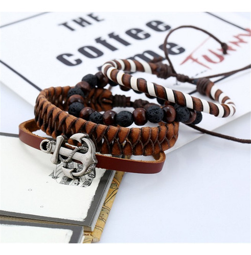 Pulsera De Piel De Vaca Con Cuentas De Madera Y Piedra