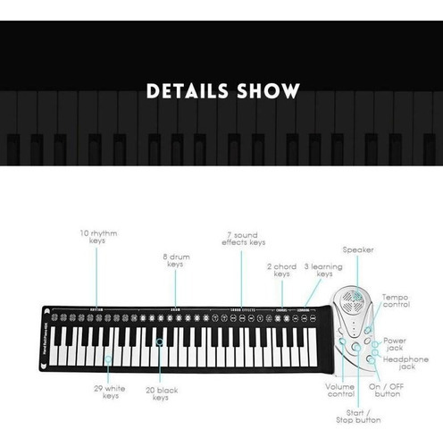 Teclado de silicone portátil de 49 teclas, piano musical, cor preta