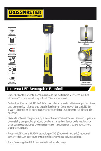 Imagen 2 de 4 de Linterna Led Recargable Retractil 3 W Crossmaster 9932730