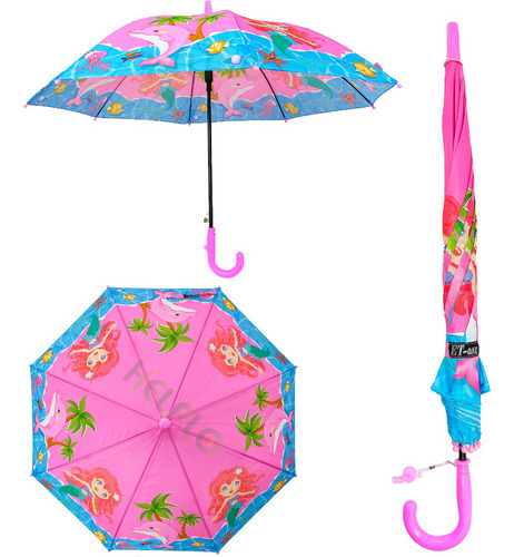 Guarda-chuva Infantil Automático Meninas Com Apito Cor Sereia Praia