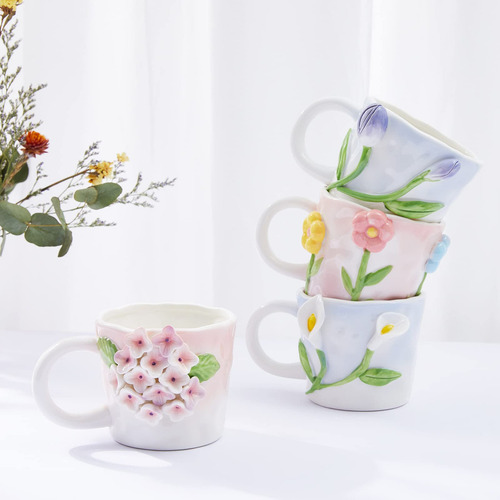 * Taza De Café De Flores 3d Con Tulipán Rosa, Taza De