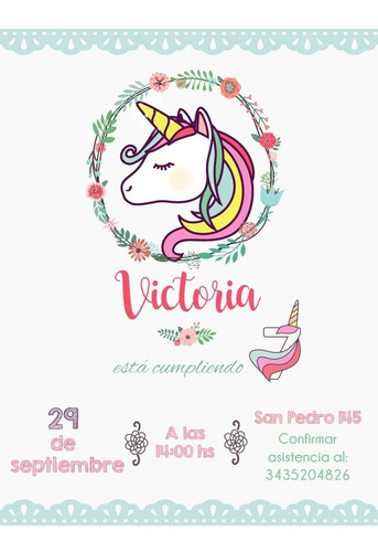 Tarjeta Invitación Unicornio Imprimible Personalizada