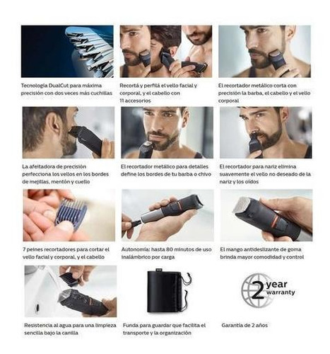 Imagen 4 de 7 de Cortabarba Multigroom Philips Mg5730 Recargable 11en1