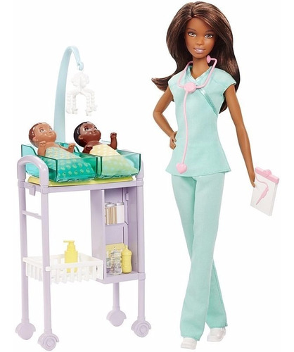 Boneca Barbie Pediatra Negra Médica Com 2 Bebês Skipper Top