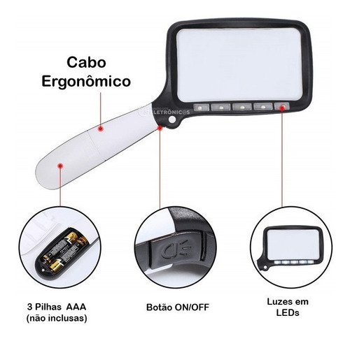 Lupa Retangular Dobrável Led Potente Zoom 2x Forte 10863