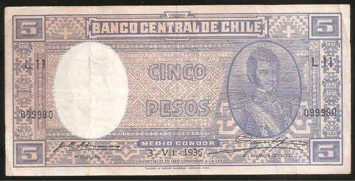 Chile, 5 Pesos = 1/2 Condor, 1935. P#91. Vf-