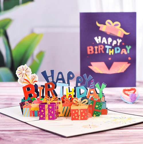 Imagem 2 de 4 de Cartão De Aniversário Presente 3d Parabéns Luxo