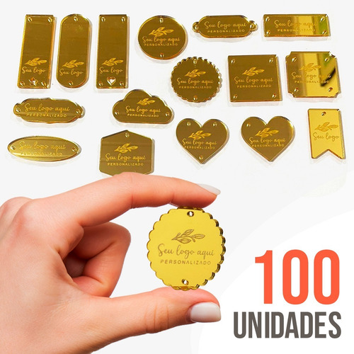 Etiqueta Tag Acrílico Espelhado Personalizado Dourado 150un