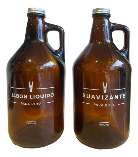 Set Botellon Vidrio Ambar Suavizante + Jabon Liquido 1.9l