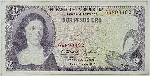 Billete 2 Pesos 20/jul/1972 Colombia Vf-xf