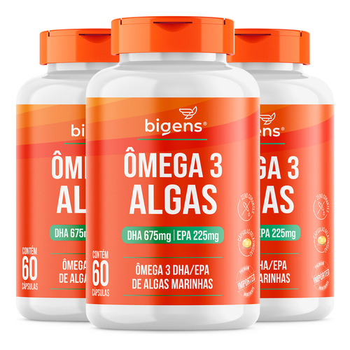 Kit C/ 3x Ômega 3 Algas | Dha 675mg + Epa 225mg | Origem Sustentável De Algas Marinhas | 180 Cáps | Bigens