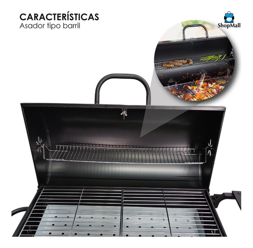 Asador Tipo Barril De Carbón Con Gran Área De Cocción Móvil Color Negro