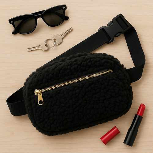 Cangurera Bandolera Riñonera Afelpada Para Dama Casual Moda Color Negro Diseño De La Tela Afelpado